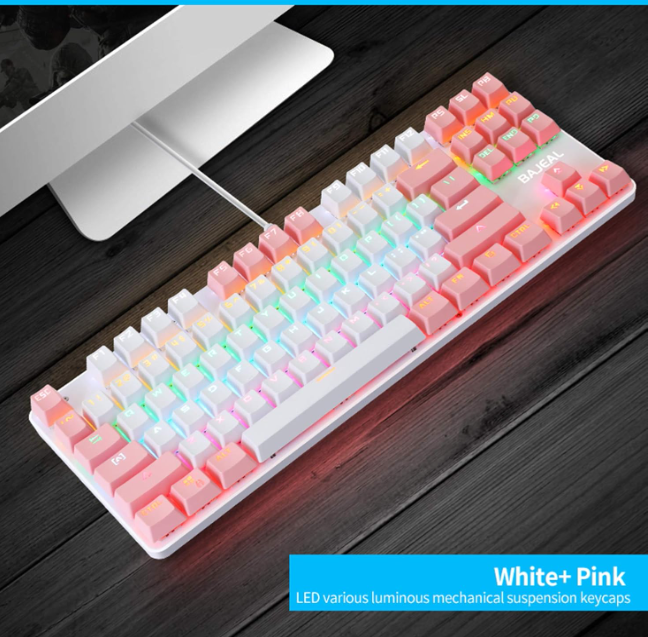 BAJEAL Mechanical Keyboard,Hot Swap 87 Keys Keyboard,USB Wired Blue Switch Keyboard with Two Color Shine-Through Keycaps,Multi LED Backlit Lighting Gaming Keyboard (White Pink)