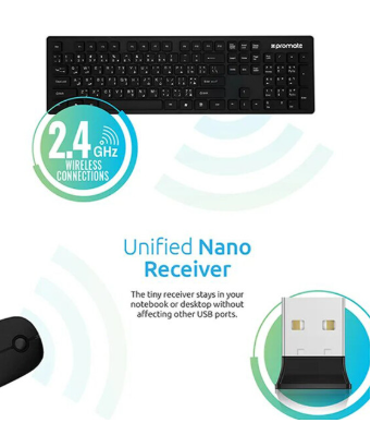 Promate KeyMate-2 Ultra-Slim 2.4Ghz Wireless English/Arabic Keyboard and Mouse, Black