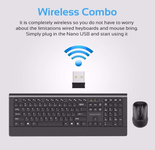 Promate Wireless Keyboard and Mouse, Ergonomic Ultra-Slim 2.4GHz Cordless Combo Keyboard and 5 Button DPI Mouse with Wrist Rest Panel and Auto-Sleep Function, ProCombo-4
