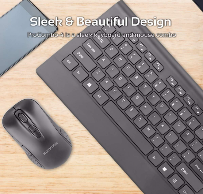 Promate Wireless Keyboard and Mouse, Ergonomic Ultra-Slim 2.4GHz Cordless Combo Keyboard and 5 Button DPI Mouse with Wrist Rest Panel and Auto-Sleep Function, ProCombo-4