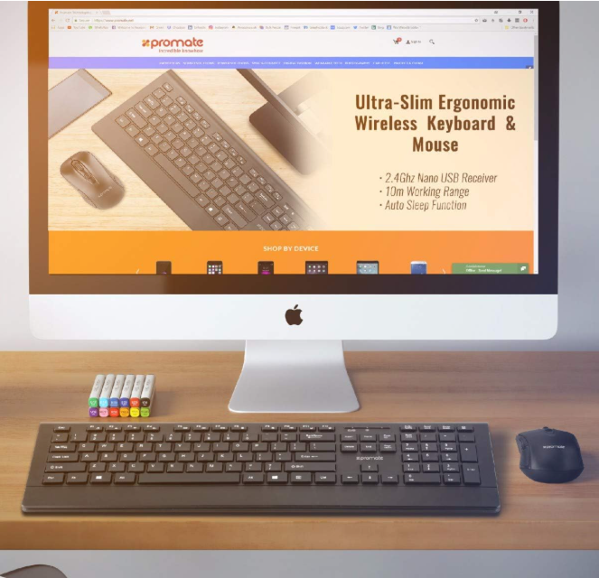 Promate Wireless Keyboard and Mouse, Ergonomic Ultra-Slim 2.4GHz Cordless Combo Keyboard and 5 Button DPI Mouse with Wrist Rest Panel and Auto-Sleep Function, ProCombo-4