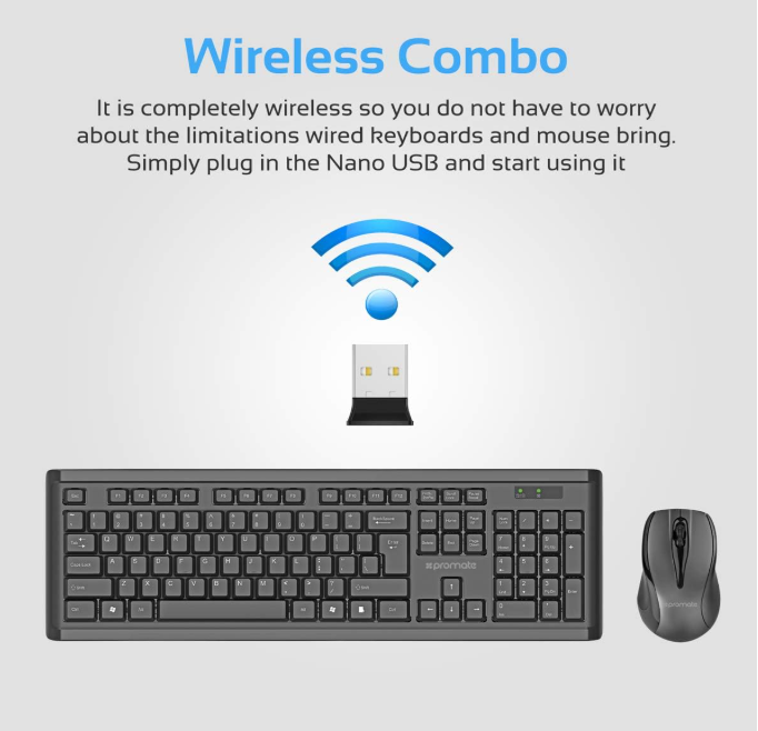 Promate EN proCombo-3 EN Ultra-Slim Ergonomic Wireless Keyboard & 2.4 Ghz Mouse Set (Nano USB Receiver/Support 32.8 ft (10 m) Range and Auto Sleep Function)
