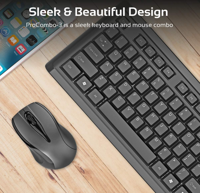 Promate EN proCombo-3 EN Ultra-Slim Ergonomic Wireless Keyboard & 2.4 Ghz Mouse Set (Nano USB Receiver/Support 32.8 ft (10 m) Range and Auto Sleep Function)