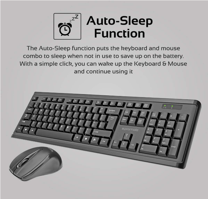 Promate EN proCombo-3 EN Ultra-Slim Ergonomic Wireless Keyboard & 2.4 Ghz Mouse Set (Nano USB Receiver/Support 32.8 ft (10 m) Range and Auto Sleep Function)