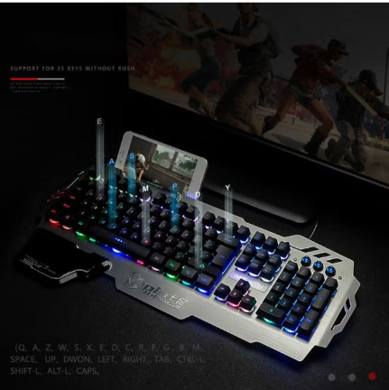 7pin Gaming Keyboard With Mobile Phone Holder And Wrist Rest Silver