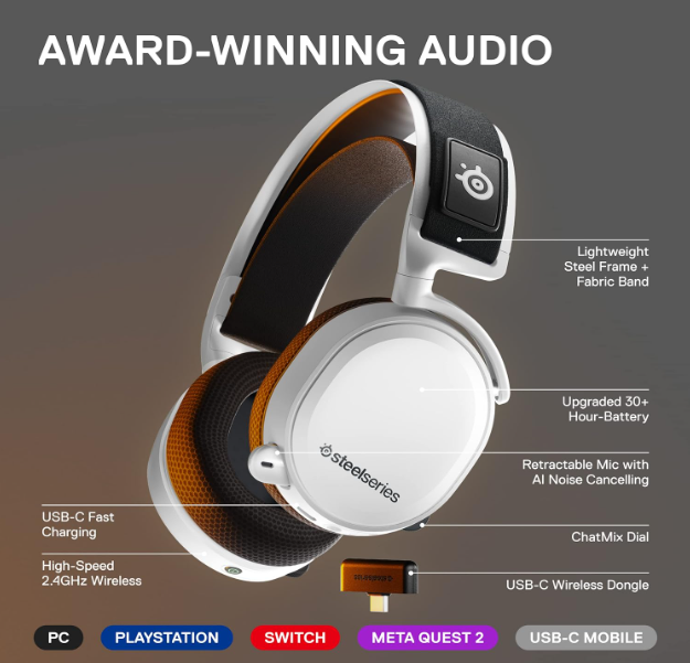 SteelSeries Arctis 7+ Wireless Gaming Headset - Lossless 2.4 GHz - Sonar 7.1 Virtual Surround Sound - 30 Hour Battery Life - USB-C Quick Charging - For PC, PS5, PS4, Mac, Android and Switch - White