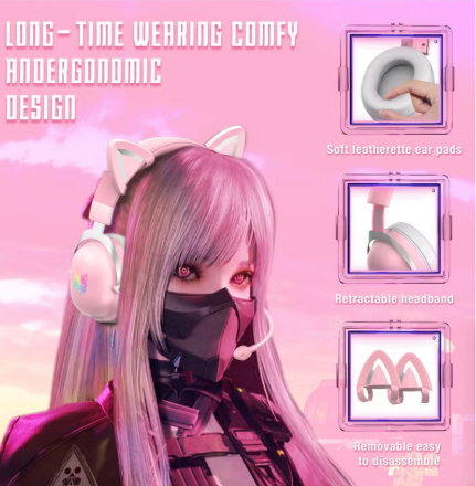onikuma X11 Cat Ear Wired Stereo Gaming Headset Pink