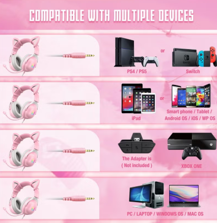 onikuma X11 Cat Ear Wired Stereo Gaming Headset Pink