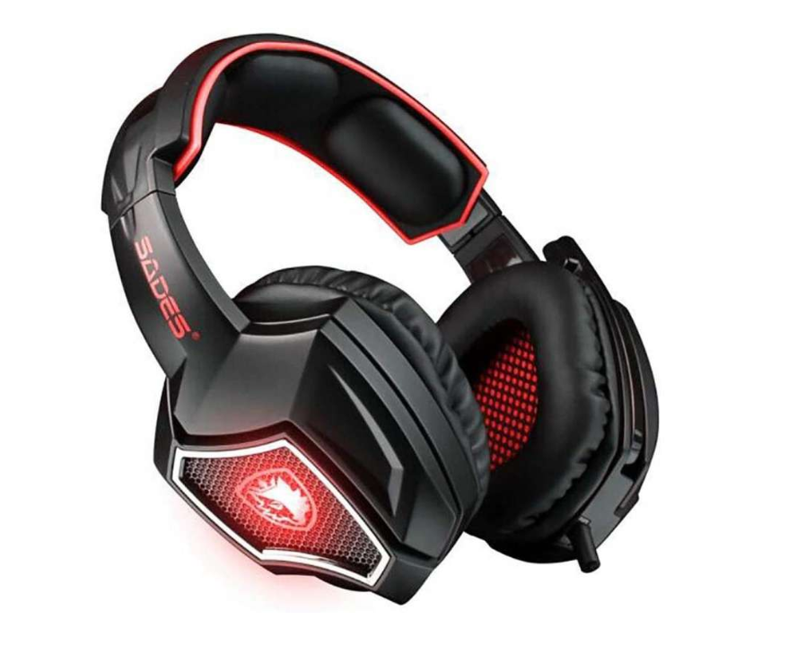 SADES Spirit Wolf Surround Sound 2 Jack Computer Gaming Headset ,LED Light for PC Gamers (Black Red)