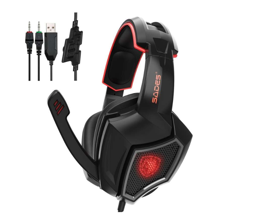 SADES Spirit Wolf Surround Sound 2 Jack Computer Gaming Headset ,LED Light for PC Gamers (Black Red)