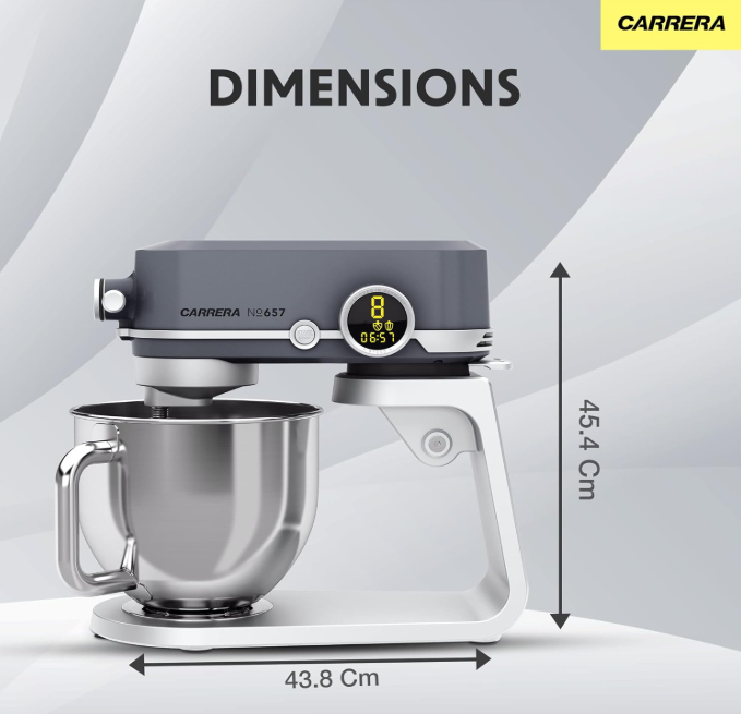 Carrera (Designed In Germany) Stand Mixer No 657, 800-Watt Kitchen Food Mixer With 8 Speed Settings, Dough Hook, Flat Beater, Whisk, Stainless Steel Mixing Bowl (5L), Splash Guard With Funnel – Silver