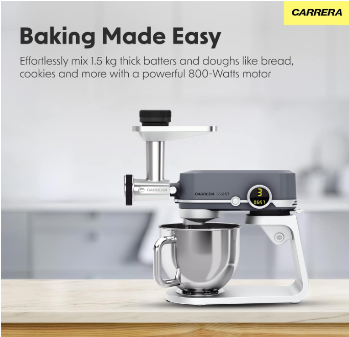 Carrera (Designed In Germany) Stand Mixer No 657, 800-Watt Kitchen Food Mixer With 8 Speed Settings, Dough Hook, Flat Beater, Whisk, Stainless Steel Mixing Bowl (5L), Splash Guard With Funnel – Silver