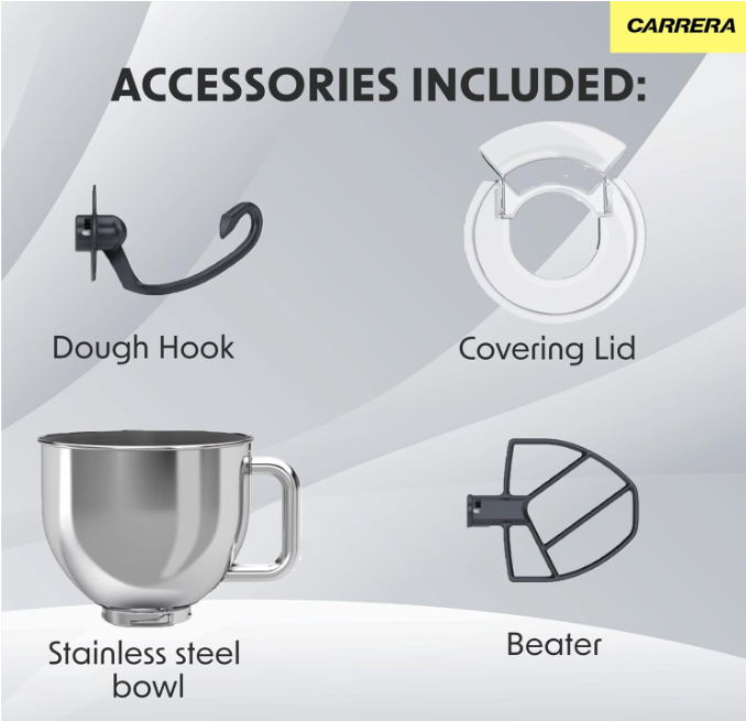 Carrera (Designed In Germany) Stand Mixer No 657, 800-Watt Kitchen Food Mixer With 8 Speed Settings, Dough Hook, Flat Beater, Whisk, Stainless Steel Mixing Bowl (5L), Splash Guard With Funnel – Silver