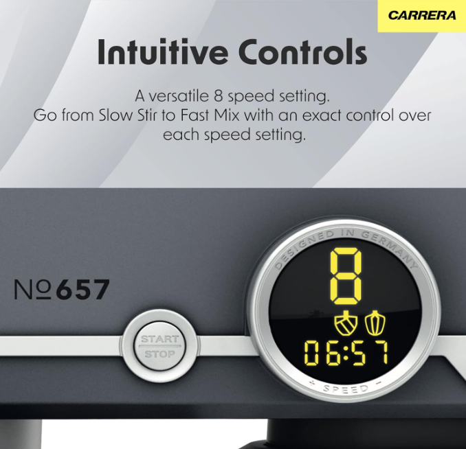 Carrera (Designed In Germany) Stand Mixer No 657, 800-Watt Kitchen Food Mixer With 8 Speed Settings, Dough Hook, Flat Beater, Whisk, Stainless Steel Mixing Bowl (5L), Splash Guard With Funnel – Silver