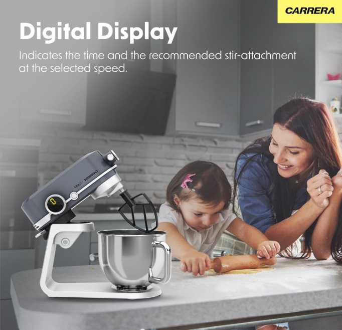 Carrera (Designed In Germany) Stand Mixer No 657, 800-Watt Kitchen Food Mixer With 8 Speed Settings, Dough Hook, Flat Beater, Whisk, Stainless Steel Mixing Bowl (5L), Splash Guard With Funnel – Silver