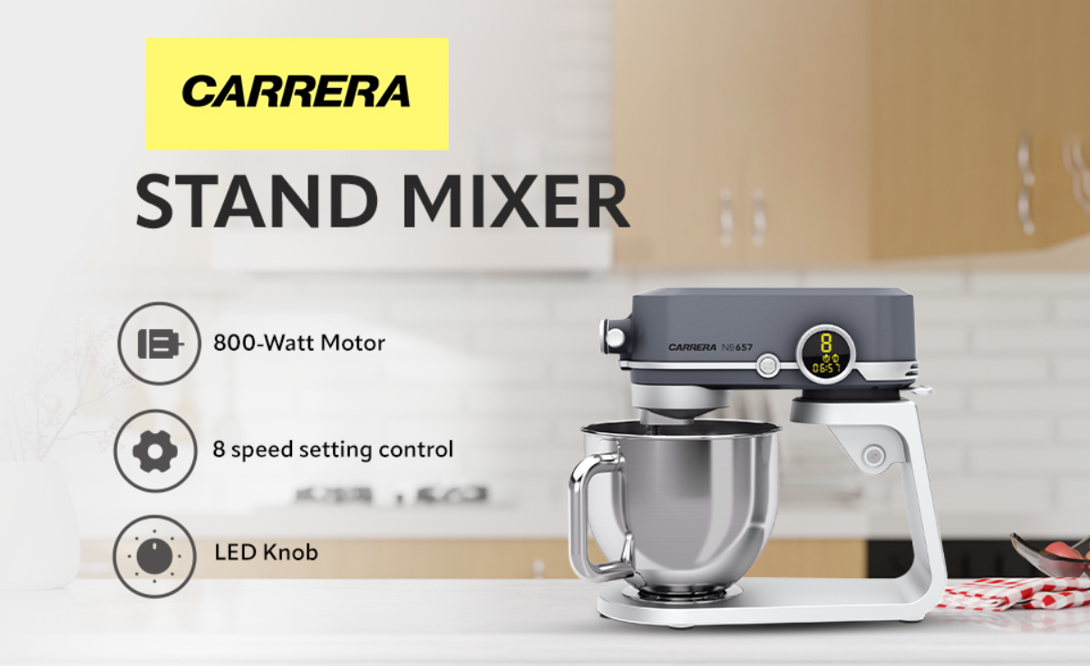 Carrera (Designed In Germany) Stand Mixer No 657, 800-Watt Kitchen Food Mixer With 8 Speed Settings, Dough Hook, Flat Beater, Whisk, Stainless Steel Mixing Bowl (5L), Splash Guard With Funnel – Silver