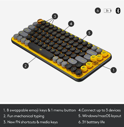 POP Keys Mechanical Wireless Keyboard With Customisable Emoji Keys, Durable Compact Design, Bluetooth Or USB Connectivity, Multi-Device, OS Compatible, US Layout Yellow