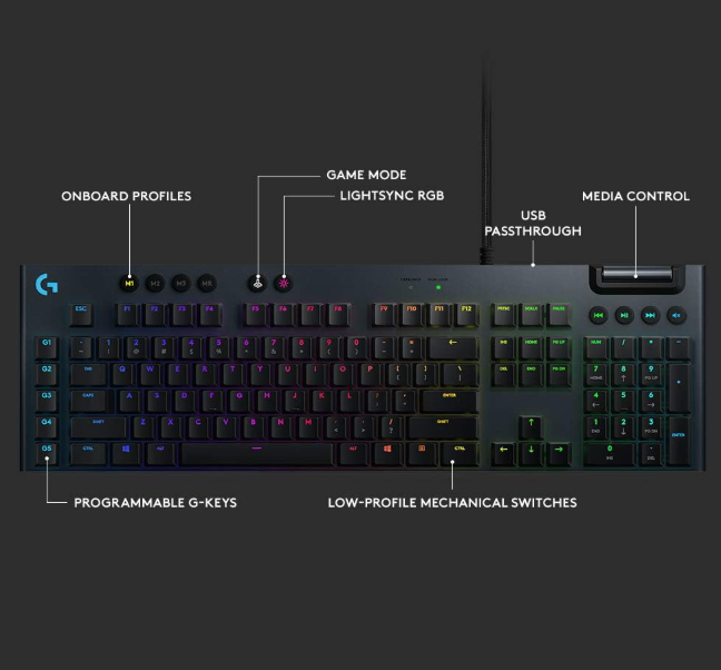 Logitech G815 LIGHTSYNC RGB Mechanical Gaming Keyboard with Low Profile GL Tactile key switch, 5 programmable G-keys, USB Passthrough, dedicated media control - Tactile