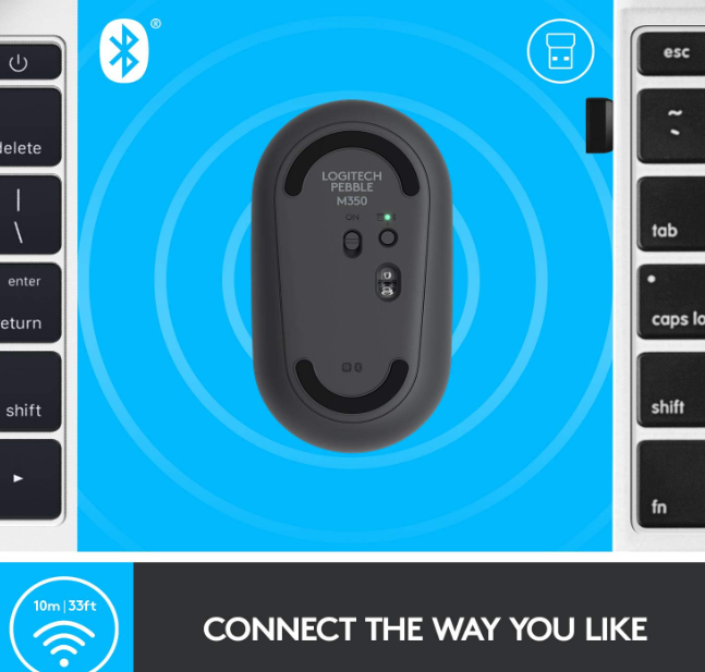 Logitech Pebble M350 Wireless Mouse with Bluetooth or USB Silent, Slim Computer Mouse Certified Works with Chromebook Graphite, 910-005743,