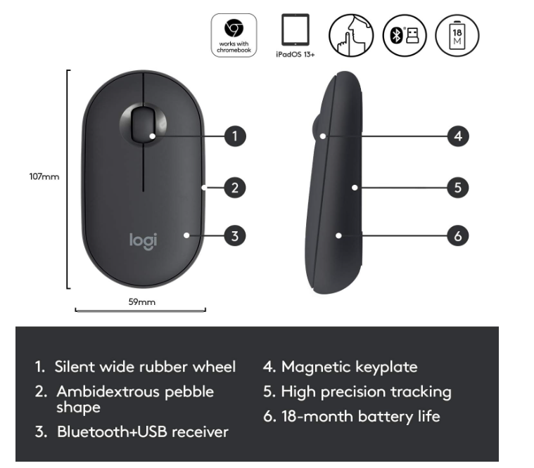Logitech Pebble M350 Wireless Mouse with Bluetooth or USB Silent, Slim Computer Mouse Certified Works with Chromebook Graphite, 910-005743,