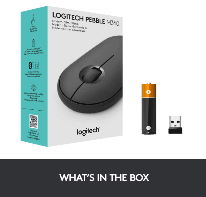 Logitech Pebble M350 Wireless Mouse with Bluetooth or USB Silent, Slim Computer Mouse Certified Works with Chromebook Graphite, 910-005743,