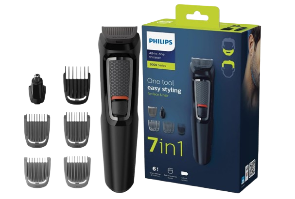 Philips Multigroom 3000 MG3720/33 | 7-in-1 All-in-One Trimmer for Face & Hair | Maintenance-Free Blades, Nose & Ear Trimmer | 60min Cordless Use, Includes Nose & Ear Trimmer, Hair & Beard Combs