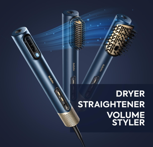 BaByliss Air Wand 3-in-1 Hair Dryer | Straightener & Hot Air Brush with Ion Technology & High-Speed Digital Motor | Includes 3 Attachments | No Heat Damage - (AS6550SDE)