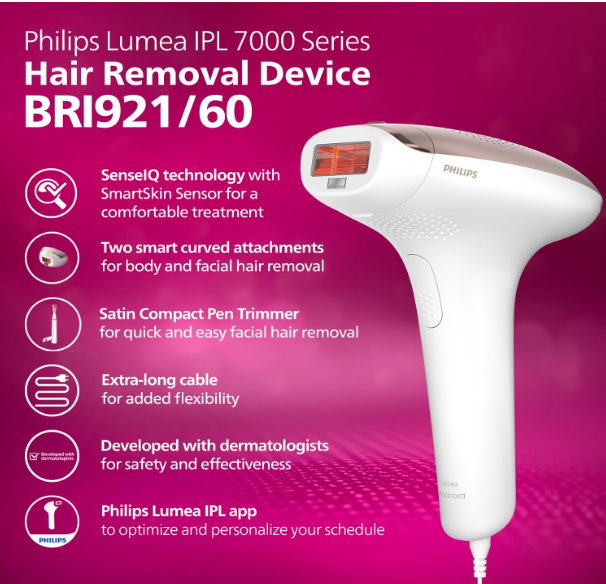 Philips Lumea IPL | Hair Removal | 7000 Series | Skintone Sensor | 2 Attachments | Body, Face | Compact Pen Trimmer | Corded Use | BRI921/60
