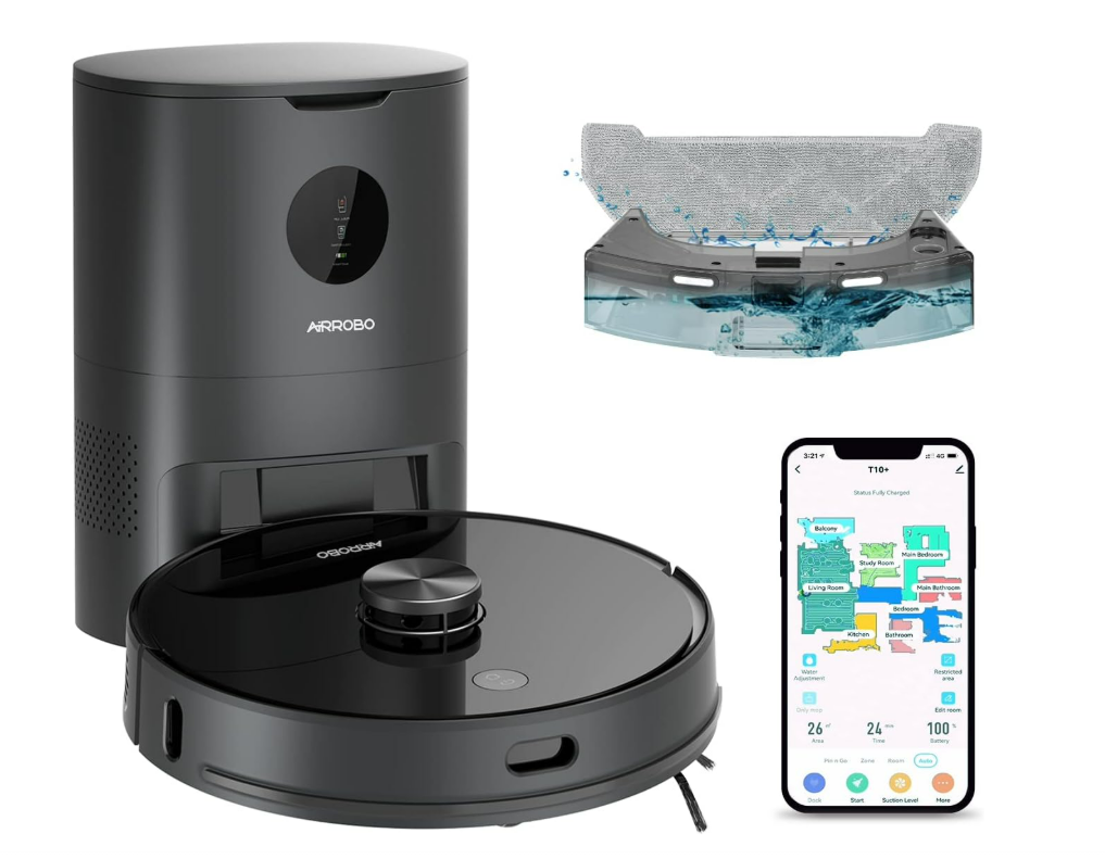 AIRROBO T10+ Robot Vacuum Cleaner with Mop Self Emptying, Lidar Robot Vacuum, 5200mAh Battery, WI-FI Connected, Smart Mapping No-Go Zone Compatible with Alexa & Google Assistant Vacuum Robot
