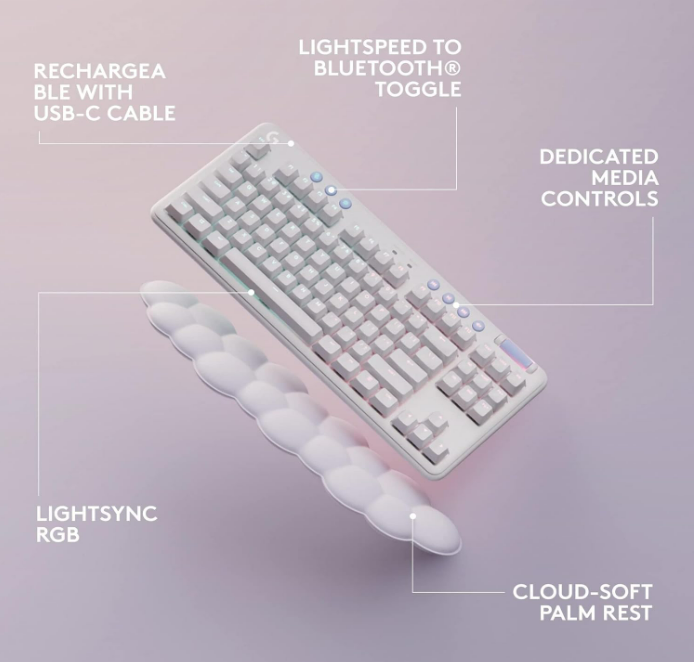 Logitech G G715 Wireless Mechanical Gaming Keyboard with LIGHTSYNC RGB Lighting, LIGHTSPEED, Tactile Switches (GX Brown) and Keyboard Palm Rest, PC and Mac Compatible - White Mist
