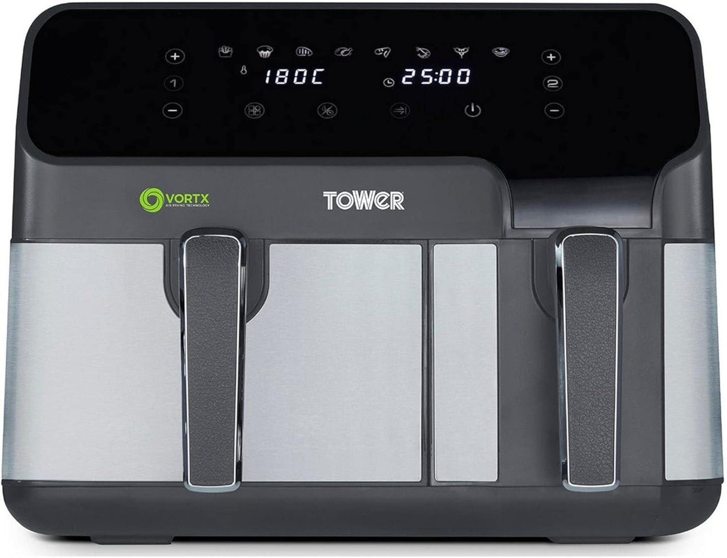 Tower T17099 Vortx 5.2L and 3.3L Eco Dual Drawer Air Fryer with 8 One-Touch Pre-sets, 1700 W Power, Black