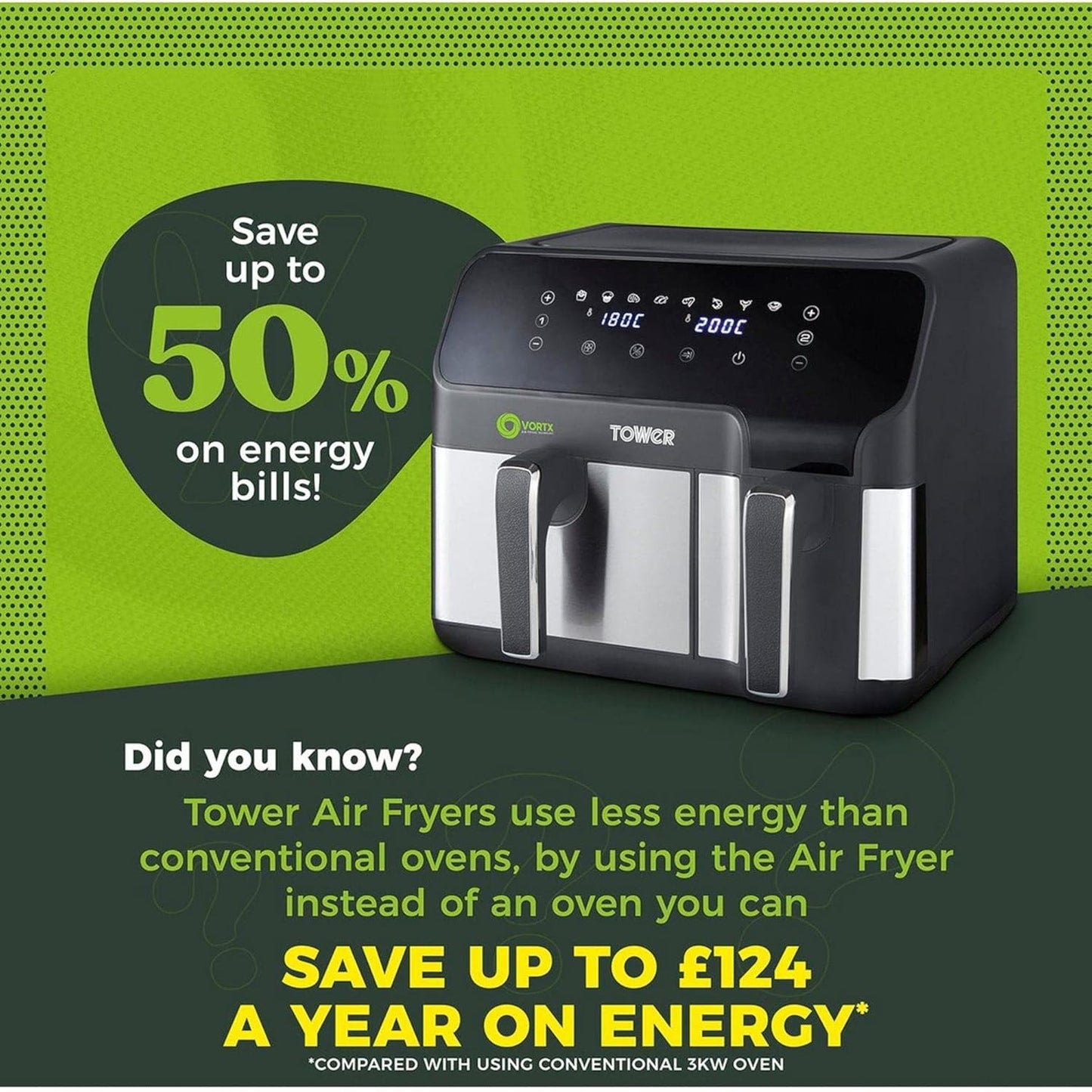 Tower T17099 Vortx 5.2L and 3.3L Eco Dual Drawer Air Fryer with 8 One-Touch Pre-sets, 1700 W Power, Black