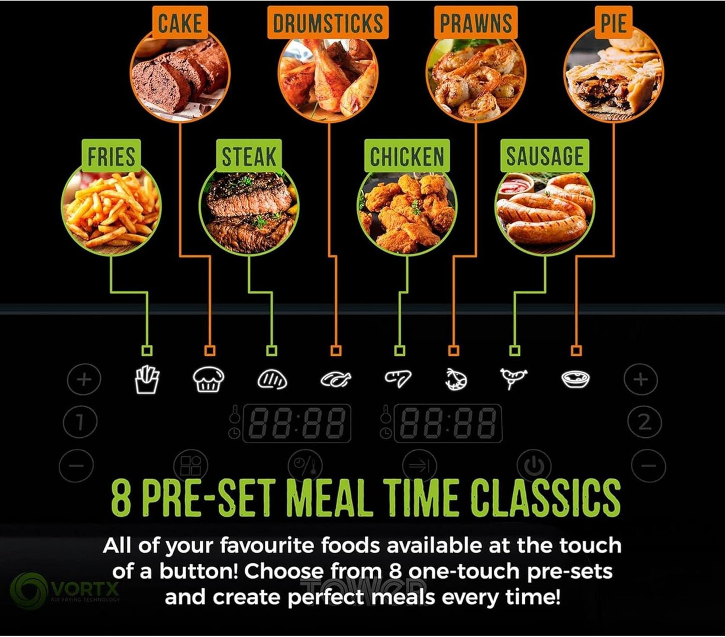 Tower T17099 Vortx 5.2L and 3.3L Eco Dual Drawer Air Fryer with 8 One-Touch Pre-sets, 1700 W Power, Black