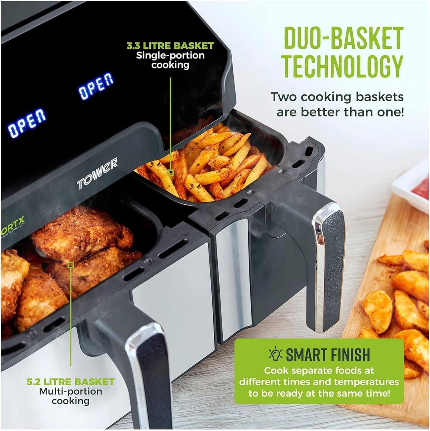 Tower T17099 Vortx 5.2L and 3.3L Eco Dual Drawer Air Fryer with 8 One-Touch Pre-sets, 1700 W Power, Black