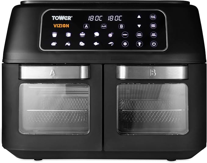 Tower T17102 Vortx Vizion Dual Compartment Air Fryer Oven with Digital Touch Panel, 11L, Black