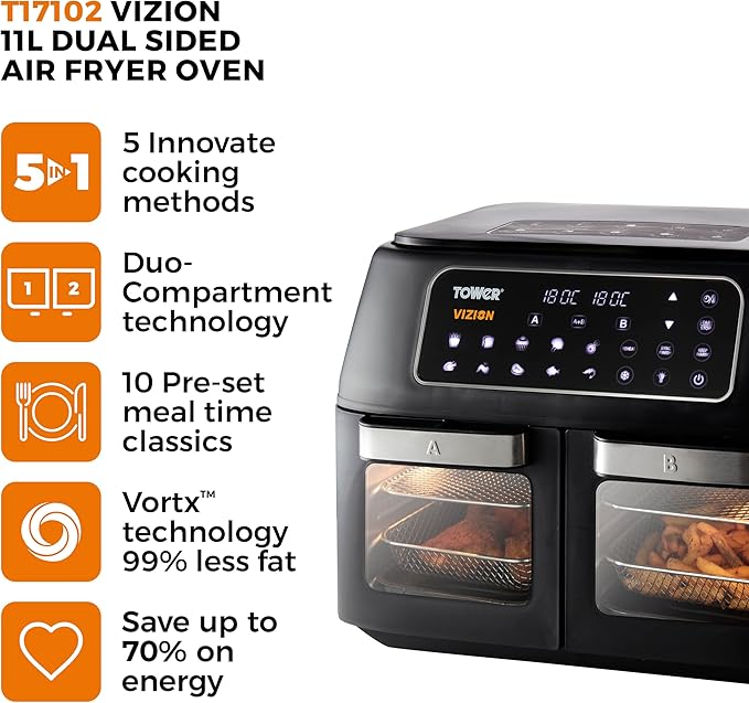 Tower T17102 Vortx Vizion Dual Compartment Air Fryer Oven with Digital Touch Panel, 11L, Black