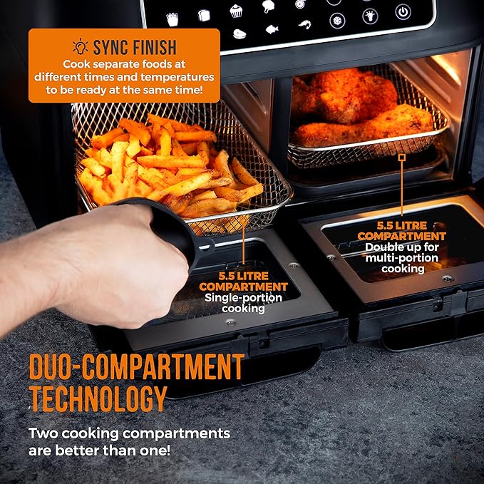 Tower T17102 Vortx Vizion Dual Compartment Air Fryer Oven with Digital Touch Panel, 11L, Black