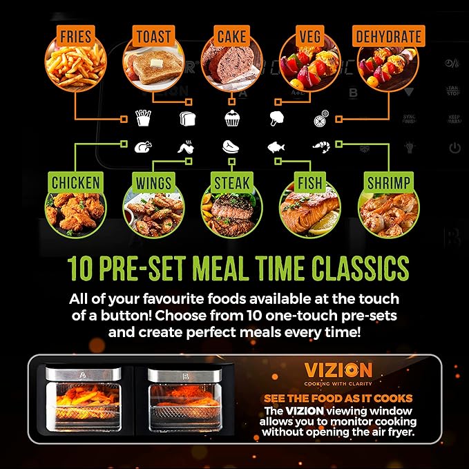 Tower T17102 Vortx Vizion Dual Compartment Air Fryer Oven with Digital Touch Panel, 11L, Black