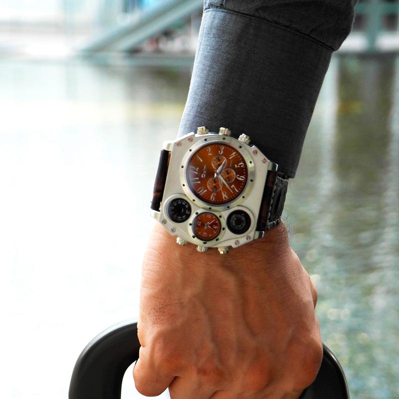 Large Dial Men's Watch with Decorative Compass and Two Time Zone Display