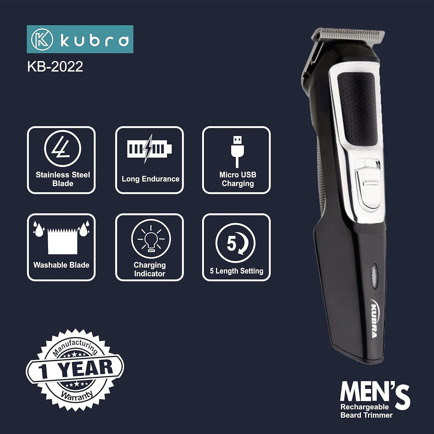 Kubra KB-2022 Cordless Beard and Hair Trimmer For Men