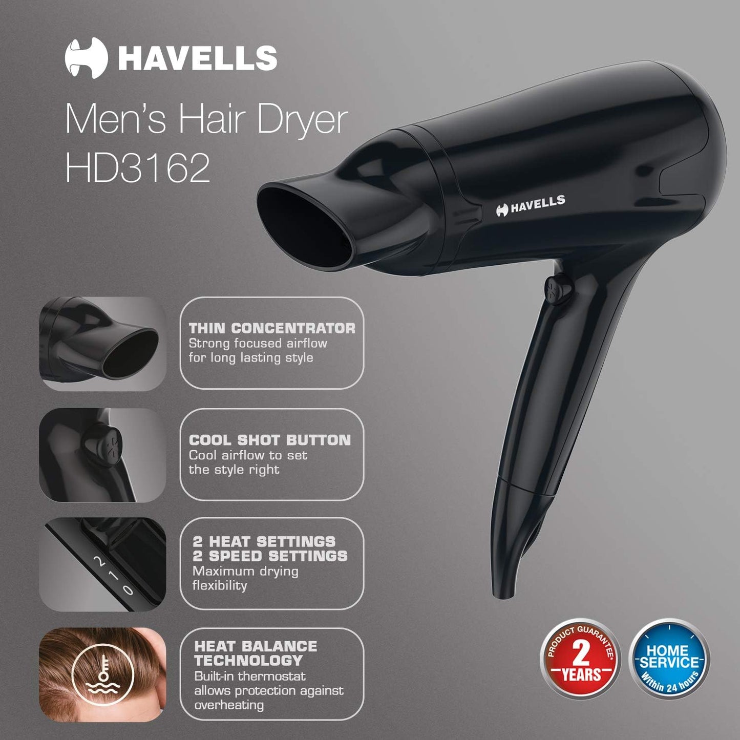 Havells HD3162 Men's Hair Dryer with Concentrator