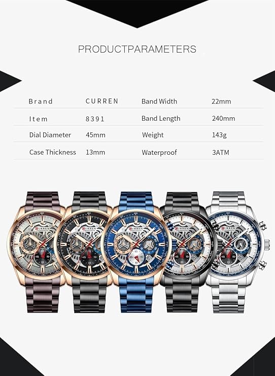 CURREN 8391 Top Luxury Brand Men's Casual Sports Watch Men's Watch, Waterproof Luminous Stainless Steel Men's Wrist Watch