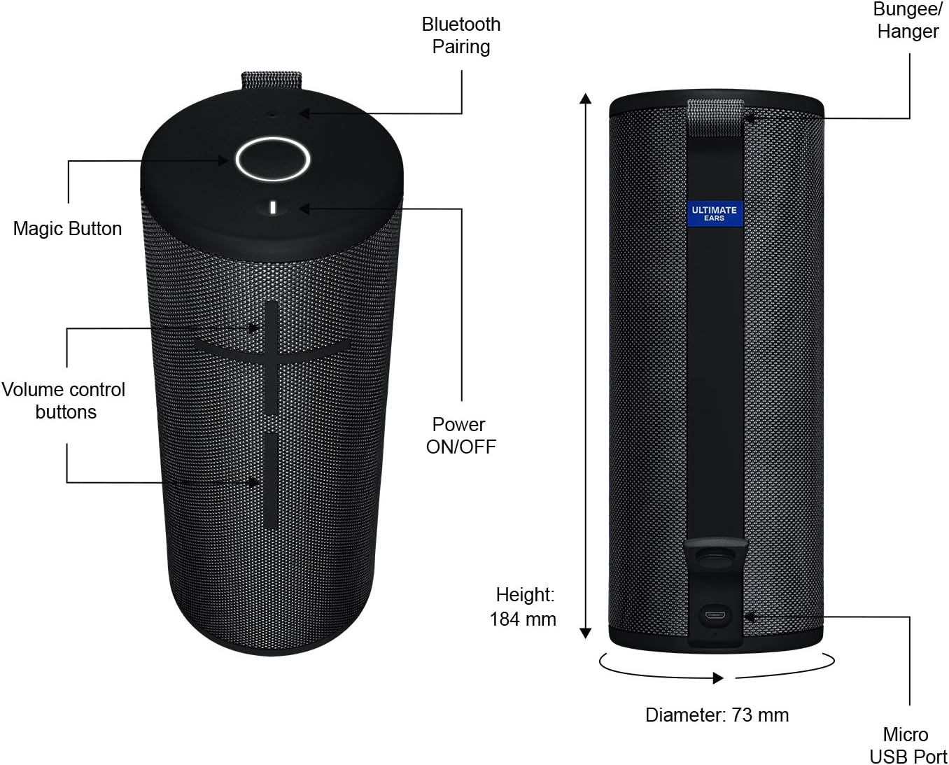Ultimate Ears Boom 3 Wireless Bluetooth Speaker, Bold Sound + Deep Bass, Bluetooth, Magic Button, Waterproof, 15 Hours Battery, Range Of 150 Ft, Night Black, Wired