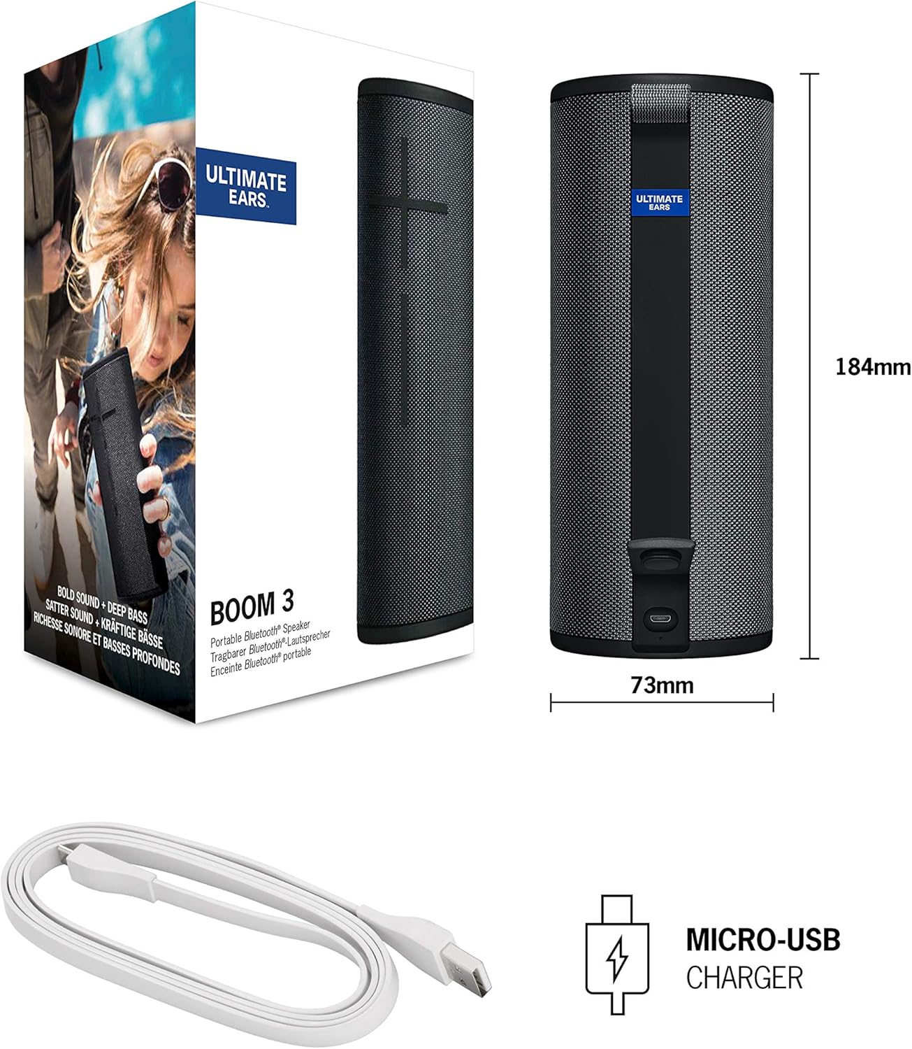 Ultimate Ears Boom 3 Wireless Bluetooth Speaker, Bold Sound + Deep Bass, Bluetooth, Magic Button, Waterproof, 15 Hours Battery, Range Of 150 Ft, Night Black, Wired