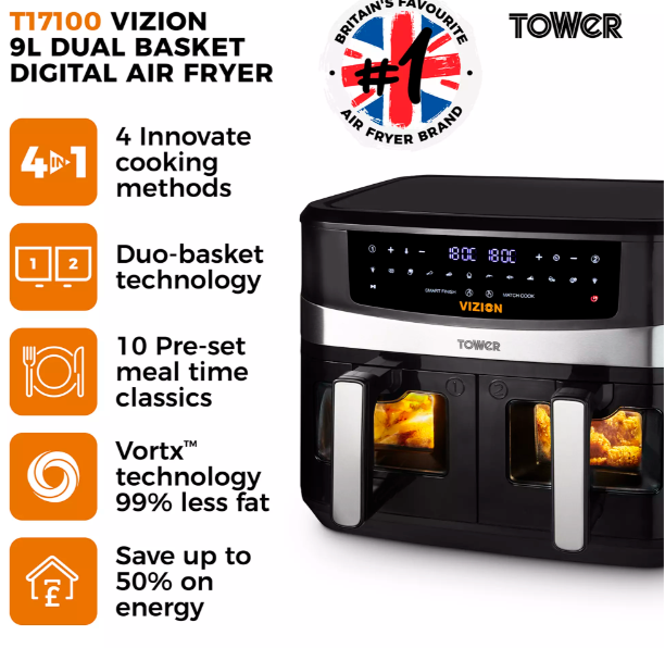 Tower Vortx Vizion 9L Dual Basket Digital Air Fryer T17100