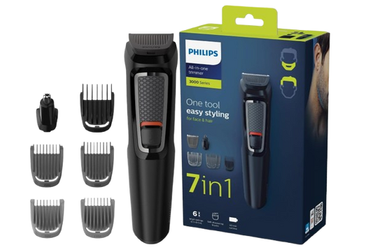Philips Multigroom 3000 MG3720/33 | 7-in-1 All-in-One Trimmer for Face & Hair | Maintenance-Free Blades, Nose & Ear Trimmer | 60min Cordless Use, Includes Nose & Ear Trimmer, Hair & Beard Combs