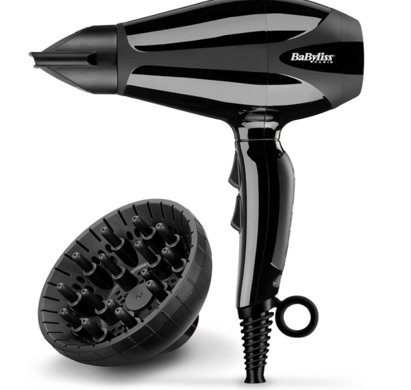 BaByliss Compact Pro 2400 Hair Dryer AC, Italian Salon Motor, Ultra-slim Nozzle With Ionic Frizz Control Technology, 3 Heat / 2 Speed Settings, Portable Design with Diffuser, Black - 6715DSDE
