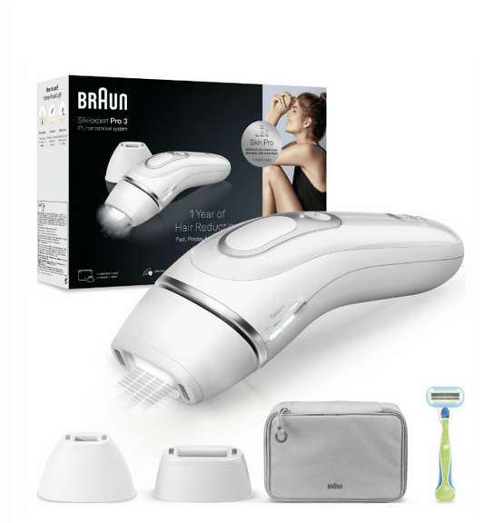 BraunSilk Expert Pro 3 Epilator with Light Pulses, Semi Definitive Hair Removal Alternative to Laser, Bag, Venus Razor, 2 Heads, White/Silver, PL3133