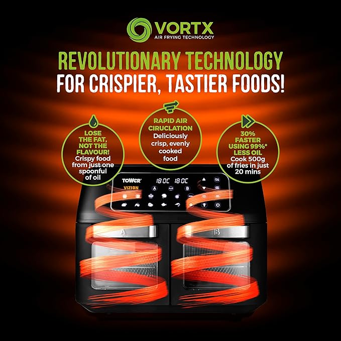 Tower T17102 Vortx Vizion Dual Compartment Air Fryer Oven with Digital Touch Panel, 11L, Black